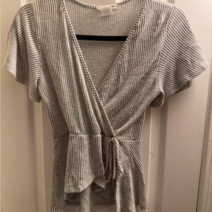 Caution To The Wind Gray Striped Wrap Blouse
